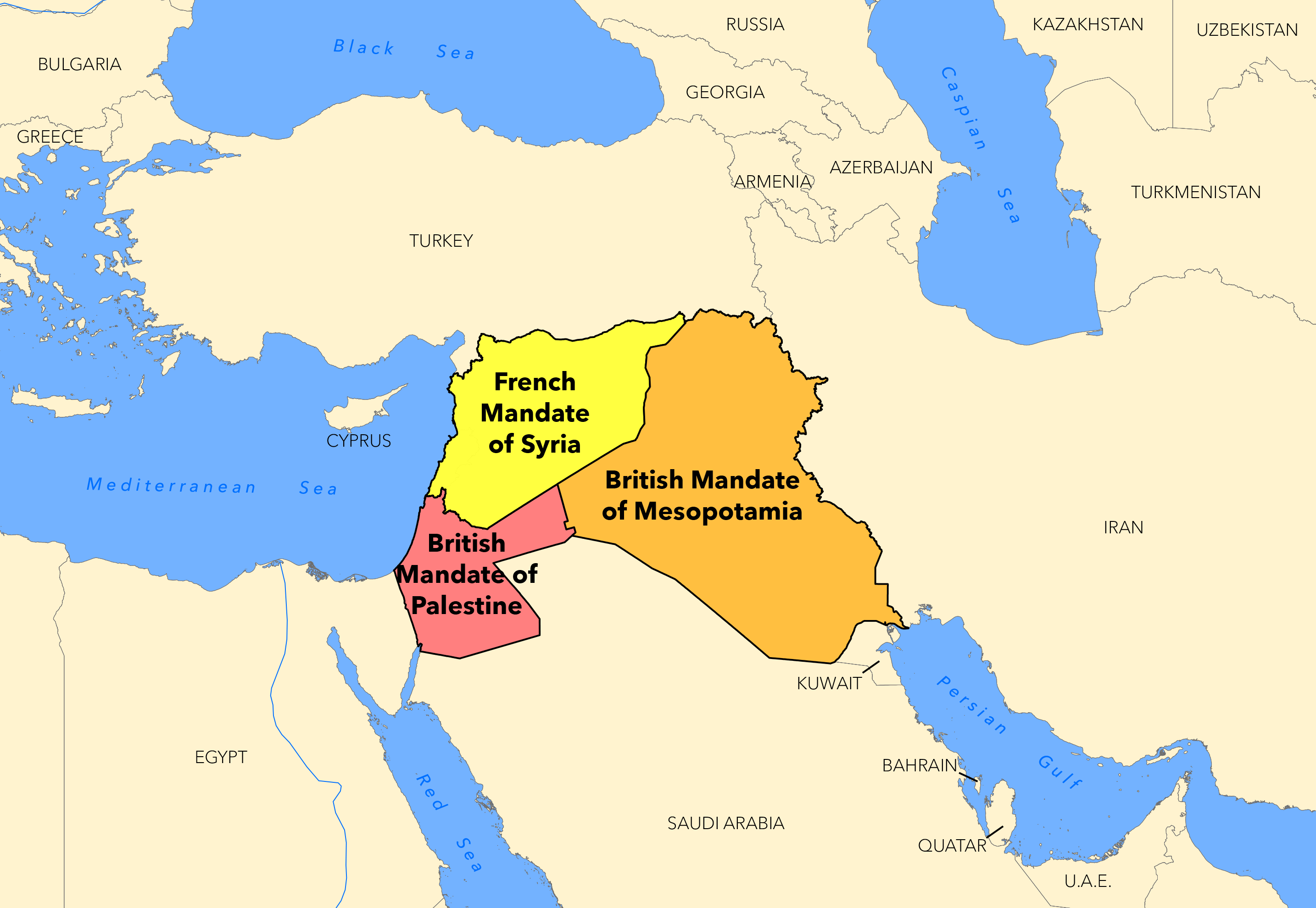 Map of The Middle East Mandates after World War I.