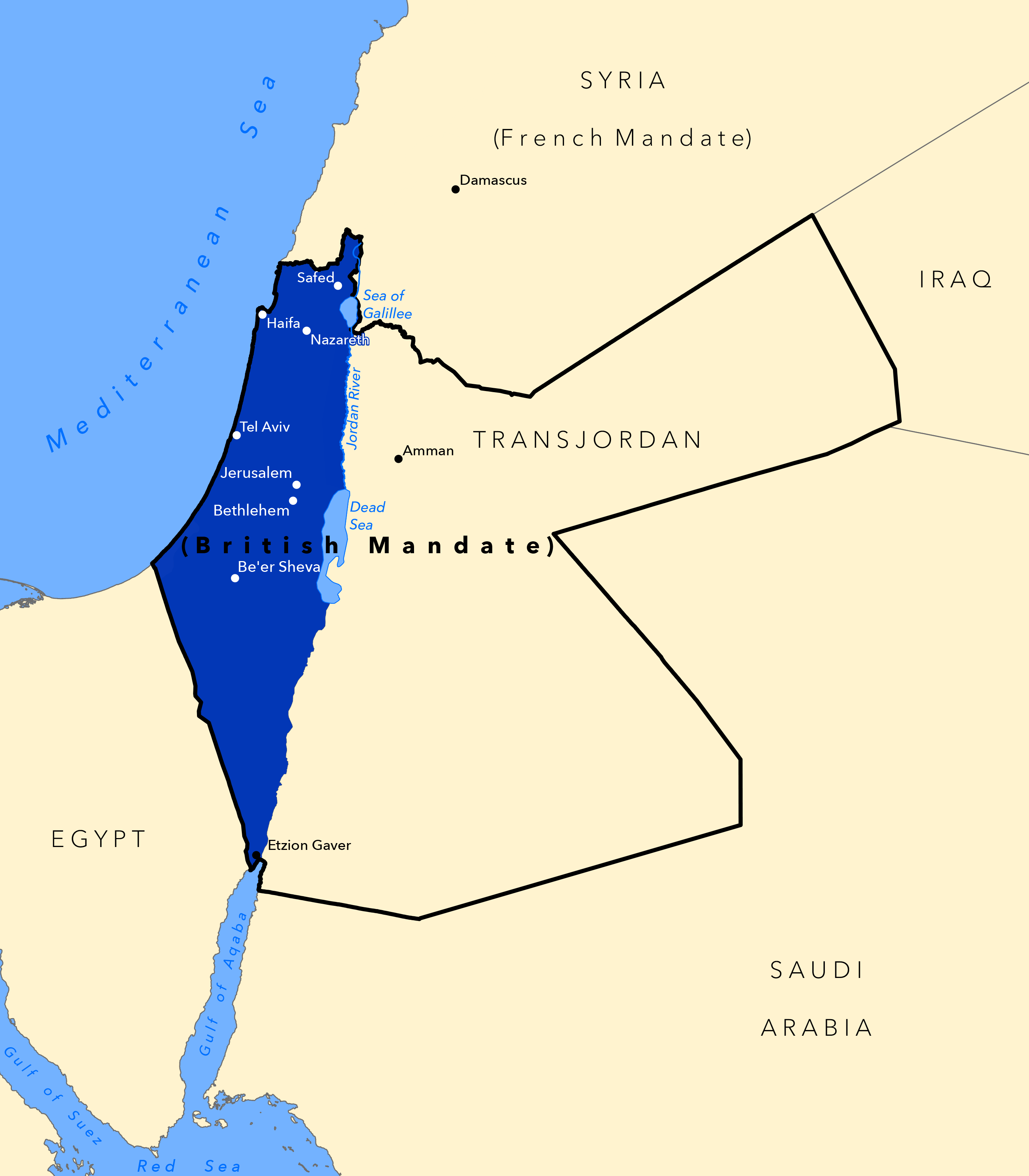 Map of The British Mandate of Palestine - 1922 Partition.