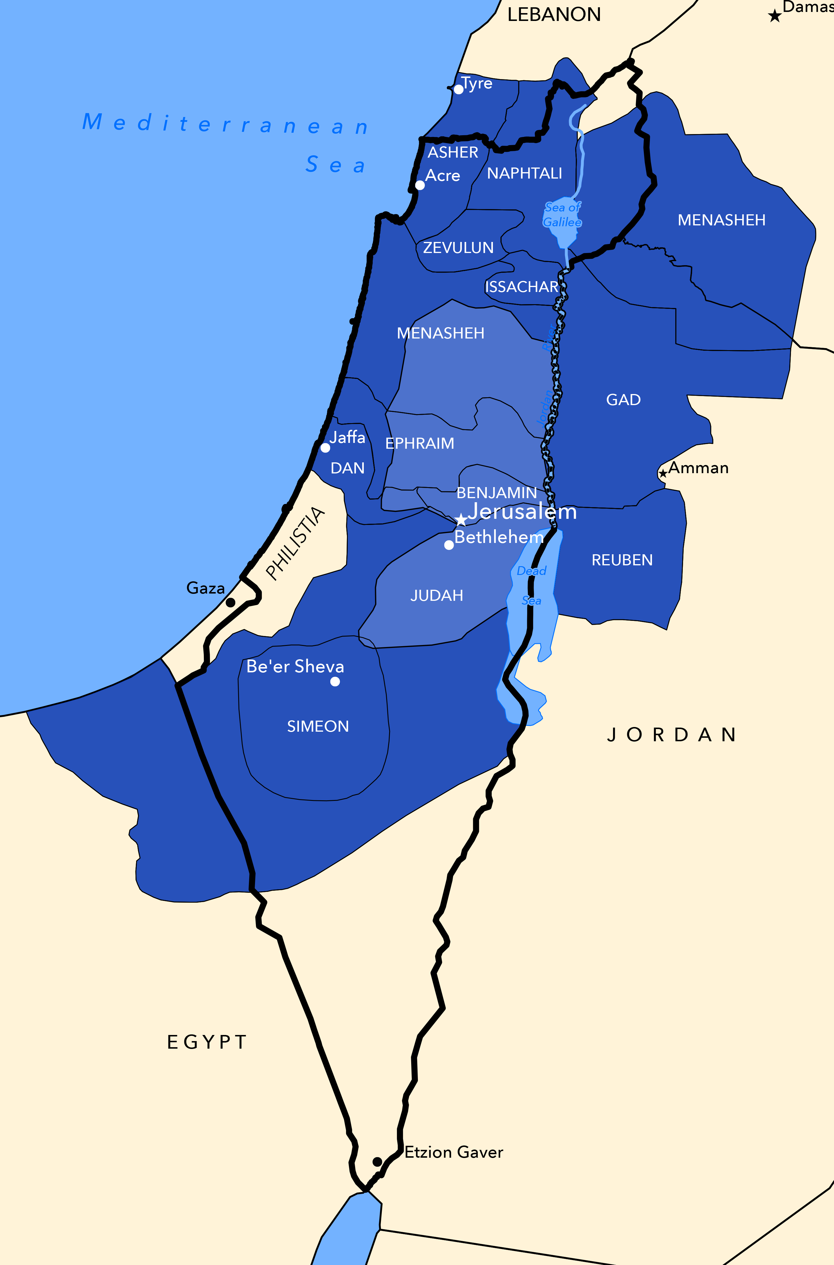 Map of The Twelve Tribes of Israel (1250 BCE) overlaid with current Israeli borders.