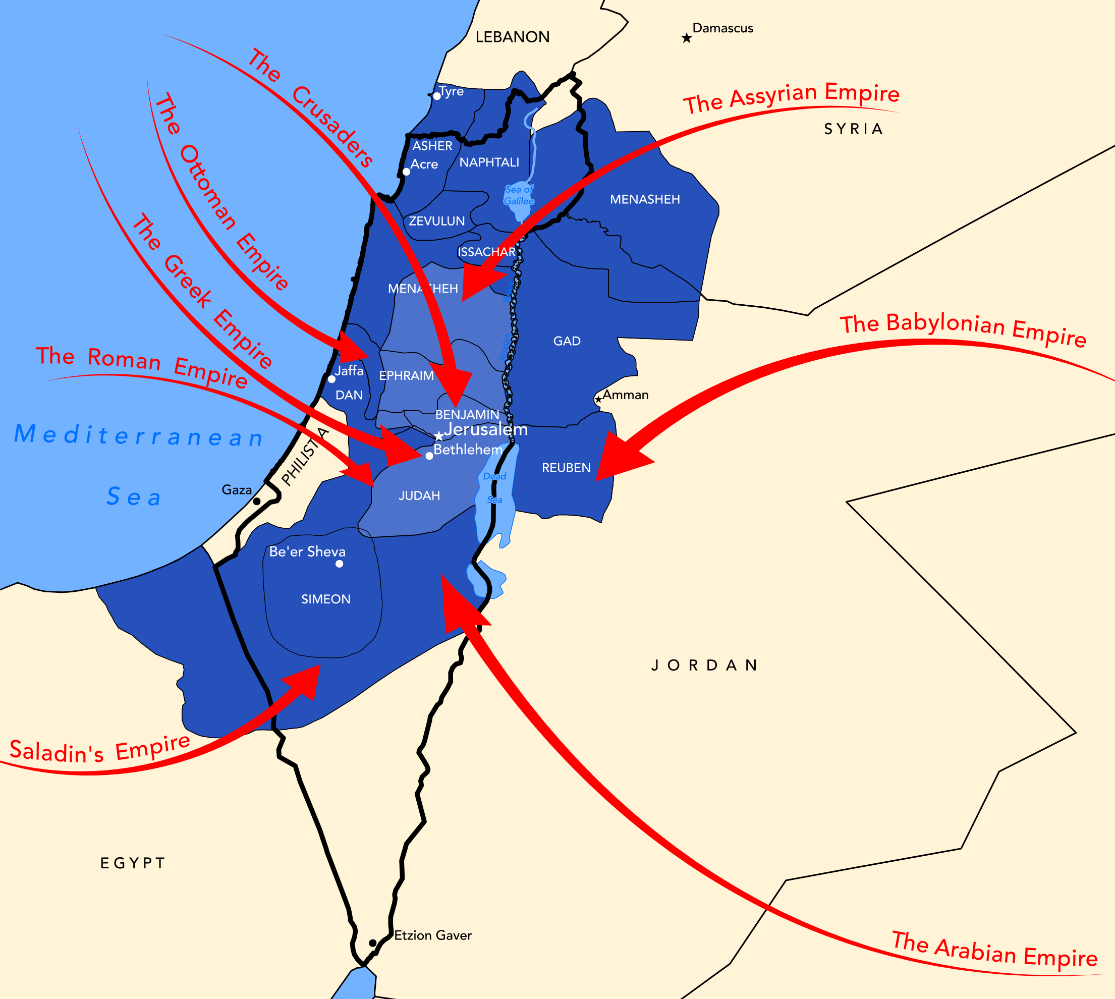 Map of The Invasions of The Twelve Tribes of Israel by Foreign Empires.