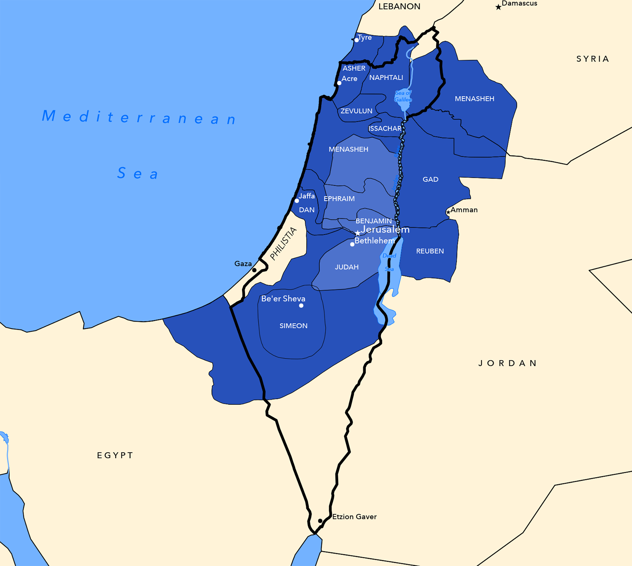 Map of The Twelve Tribes of Israel (1250 BCE) overlaid with current Israeli borders.