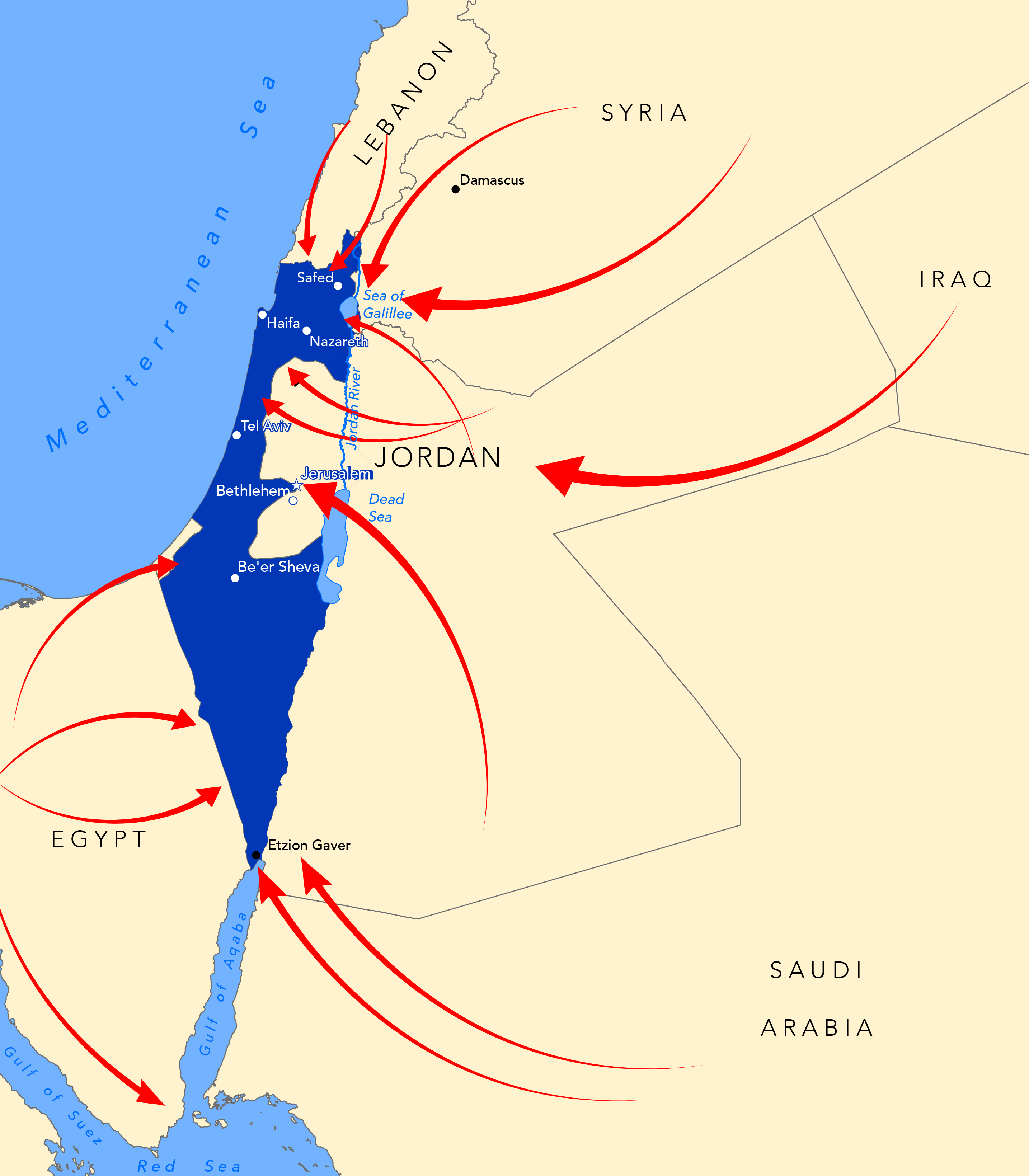 Map of Israel - The Six-Day (1967) War - Forward Movement of Arab armies