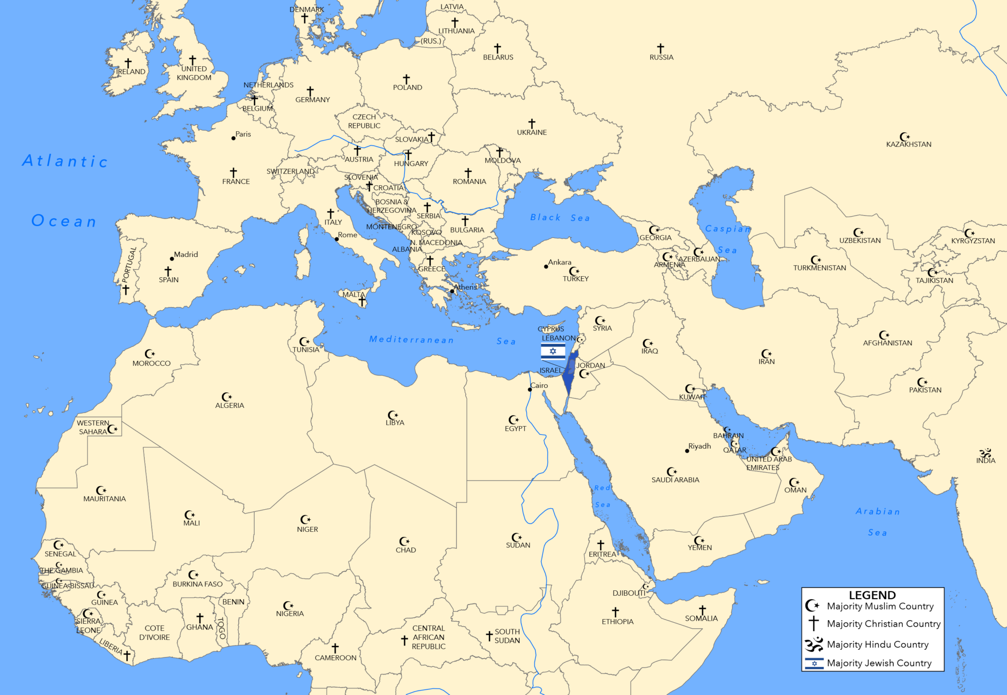 Color-coded religious map of the Middle East, Europe, Asia, and North Africa illustrating major faith zones and distributions.